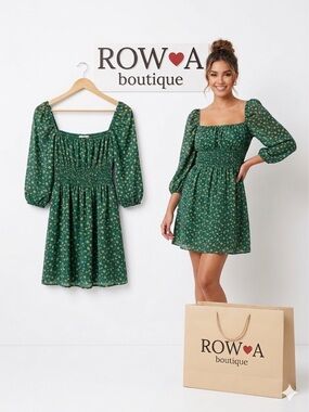 ROW❤️A  smocked Green Floral Mini Dress